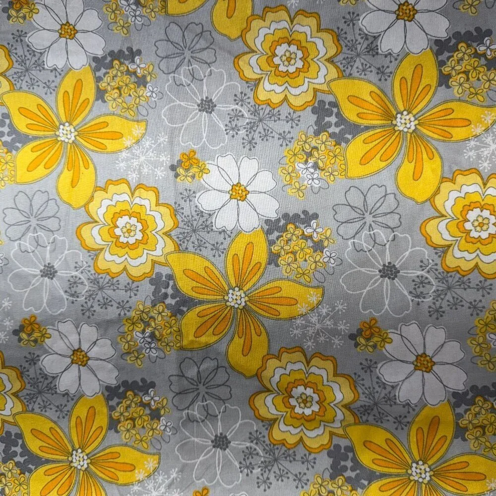 1 3/4 yards Yellow Grey Modern Floral Cotton Fabric Quilting #335